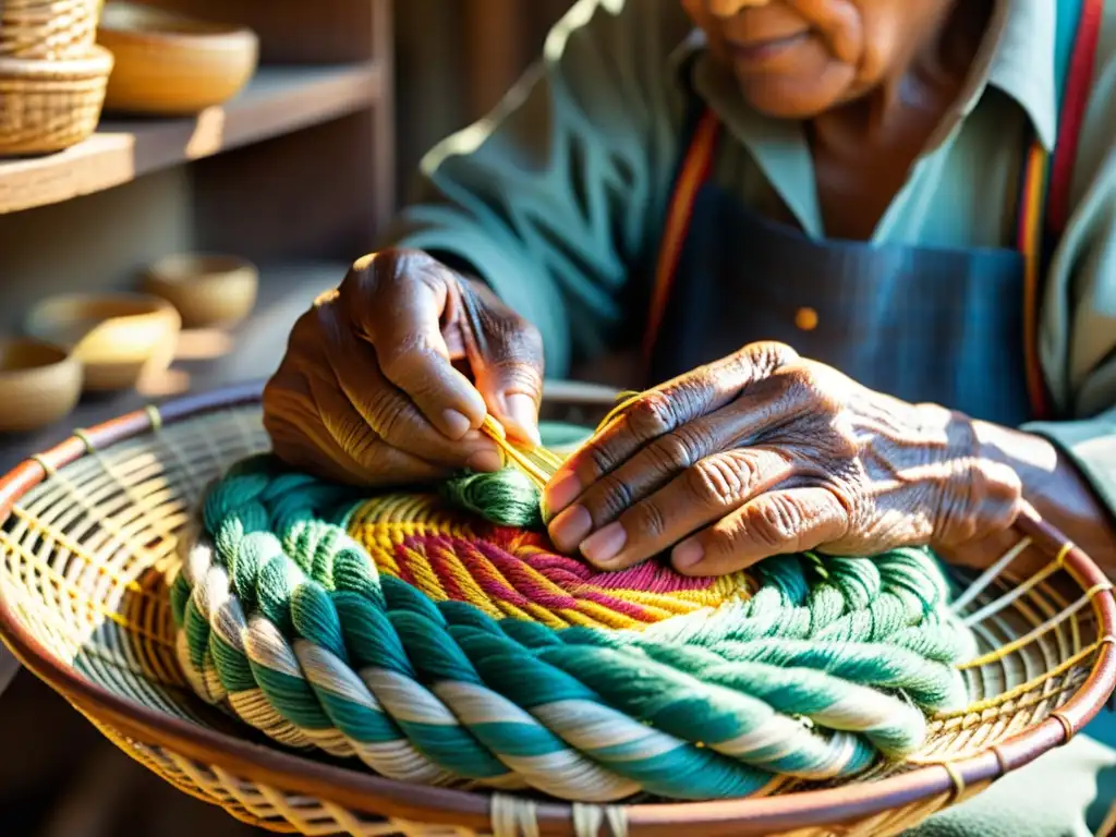 Las experimentadas manos de un anciano artesano entrelazan hilos coloridos en una cesta tradicional, iluminadas por cálidos rayos de sol