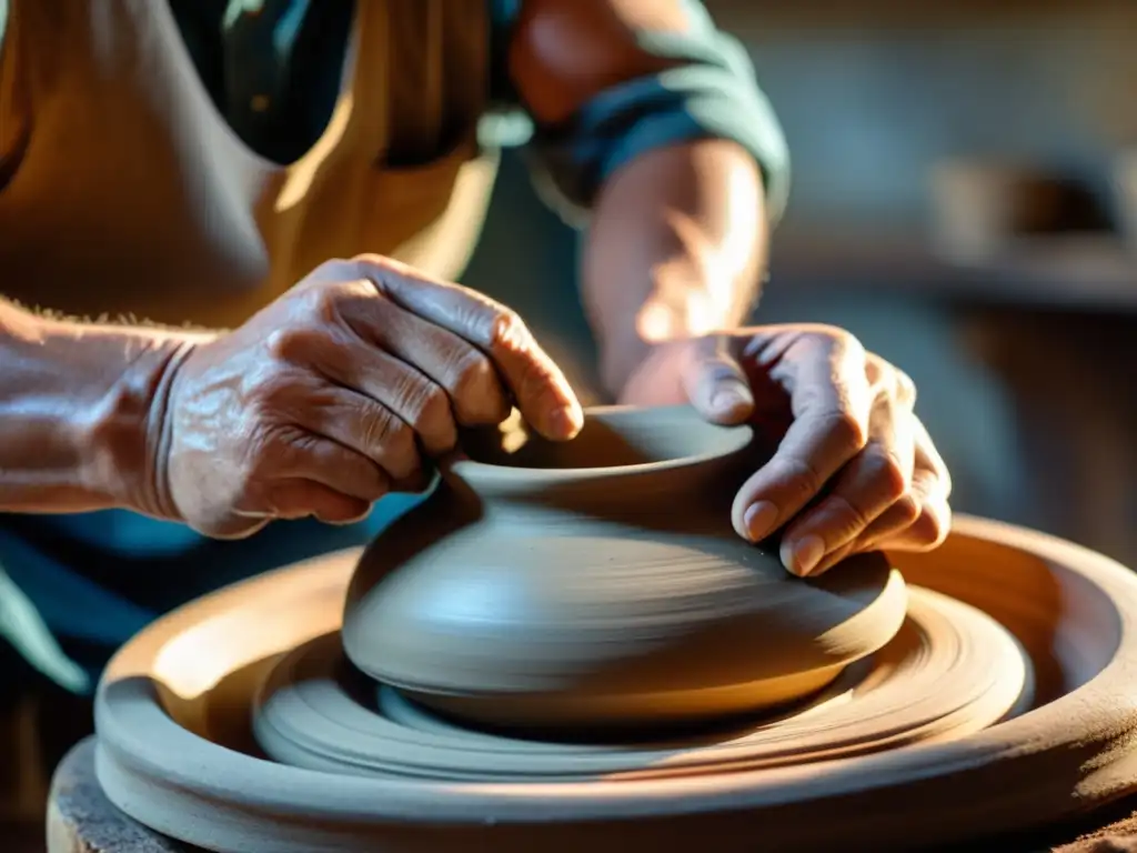 Las experimentadas manos de un artesano moldeando cerámica tradicional, con luz suave y atmósfera nostálgica