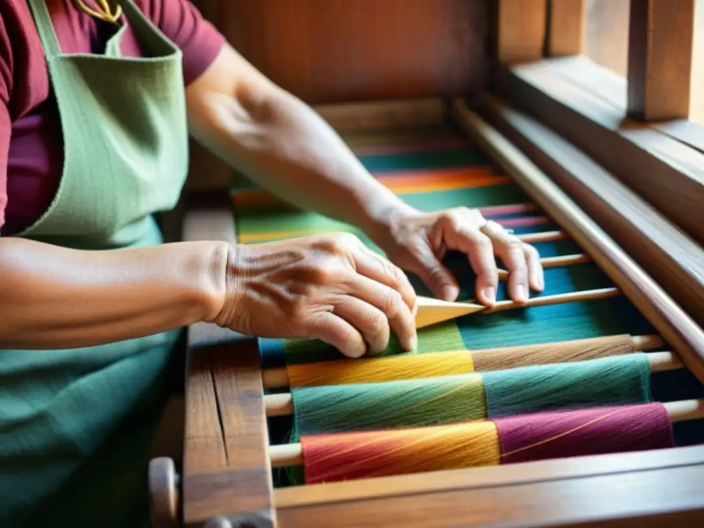 Las experimentadas manos de un artesano tejen con cuidado hilos coloridos en un telar de madera, preservando técnicas artesanales digitales