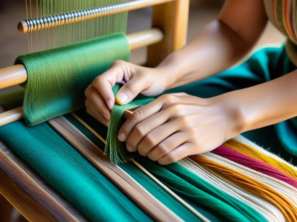 Las experimentadas manos de un artesano tejen con destreza hilos coloridos en un patrón textil tradicional, usando herramientas de madera vintage