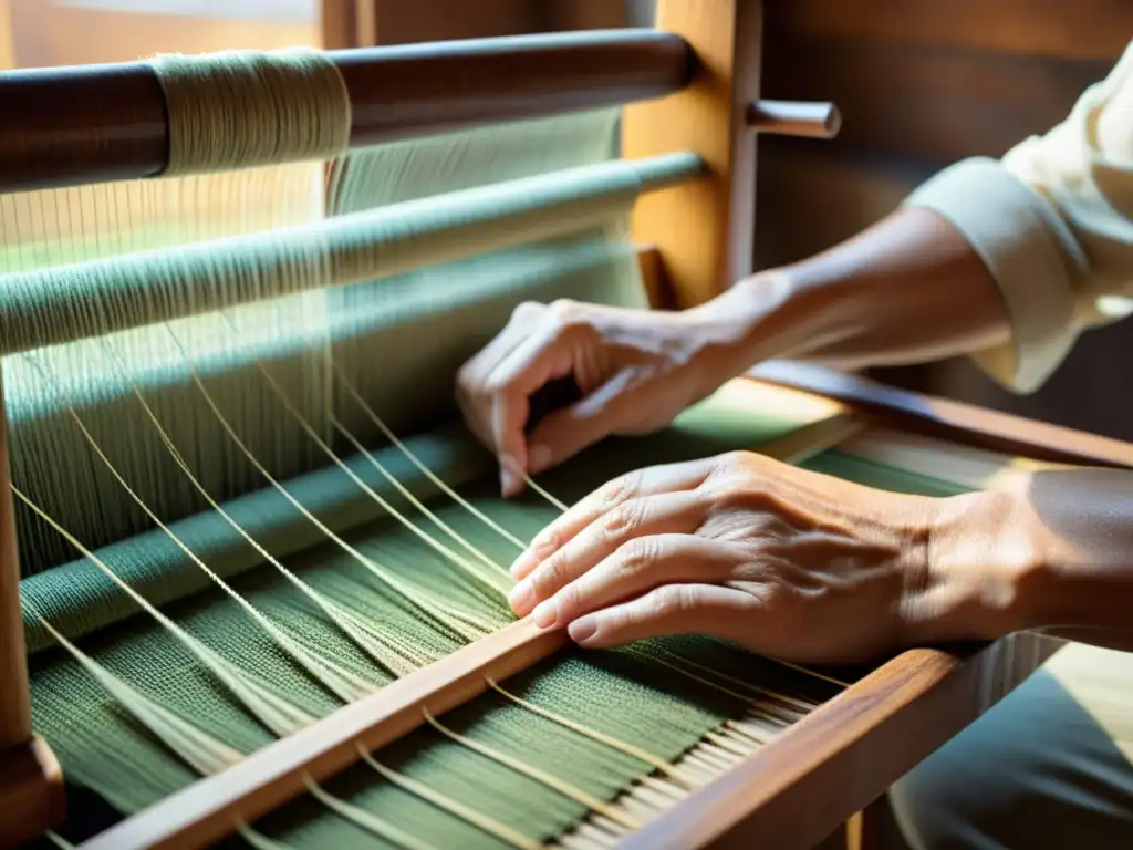 Las experimentadas manos del artesano tejen fibras naturales en un telar vintage