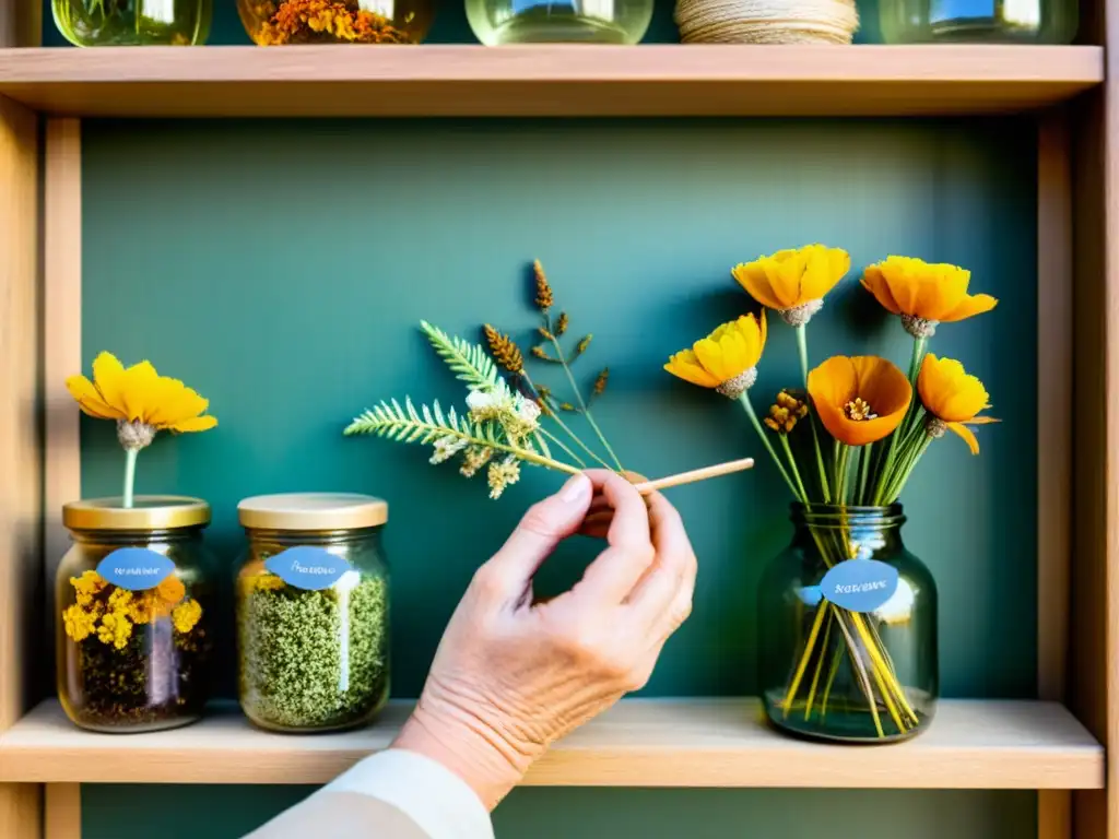 Las experimentadas manos del artesano preservan flora con destreza, creando una obra floral única en un ambiente nostálgico y auténtico