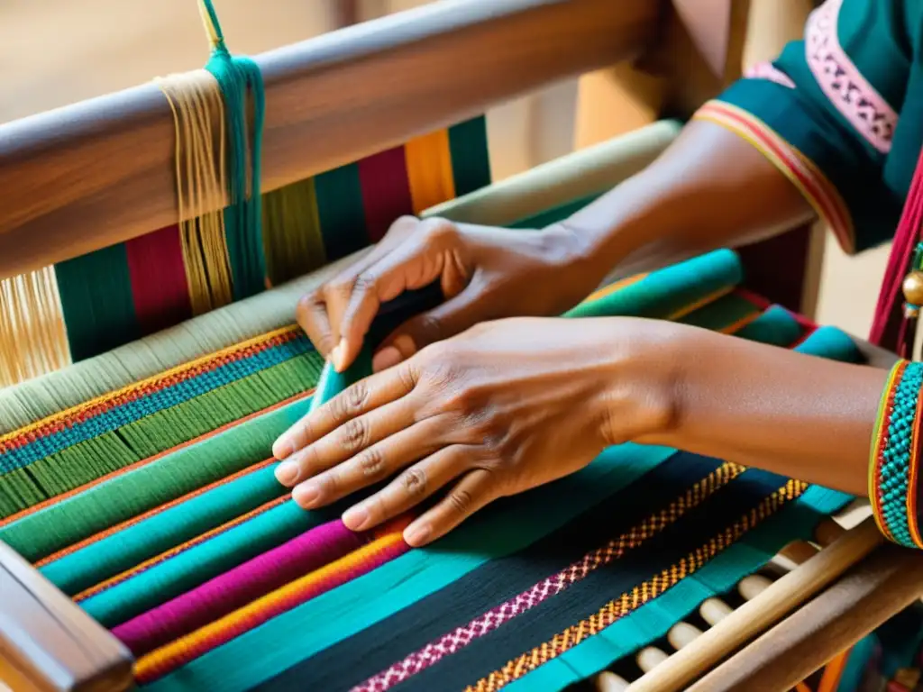 Las experimentadas manos de un artesano indígena tejiendo textiles tradicionales en un telar de madera, iluminadas por cálida luz natural