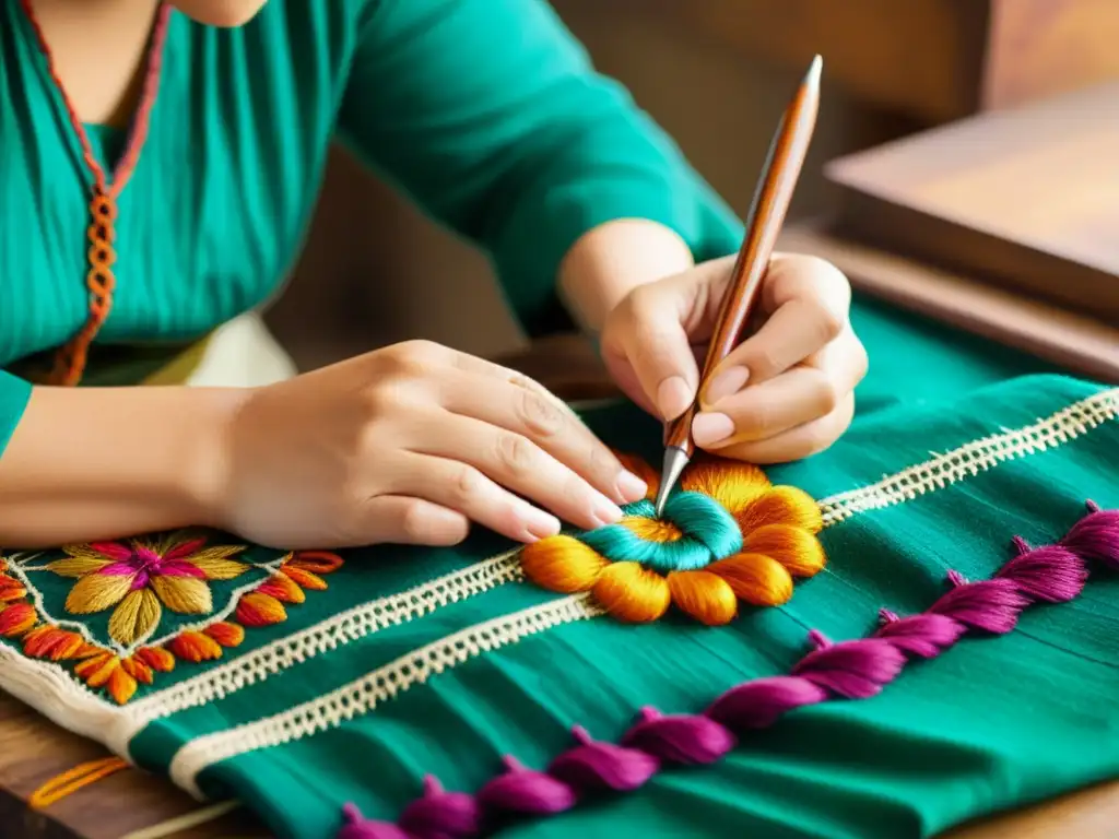 Las experimentadas manos de un artesano bordando un patrón tradicional en tela, con hilos vibrantes