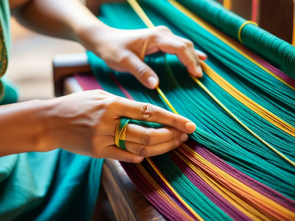 Arte textil: manos expertas tejiendo coloridos hilos Las experimentadas manos del artesano tejen con precisión un patrón tradicional en un ambiente nostálgico