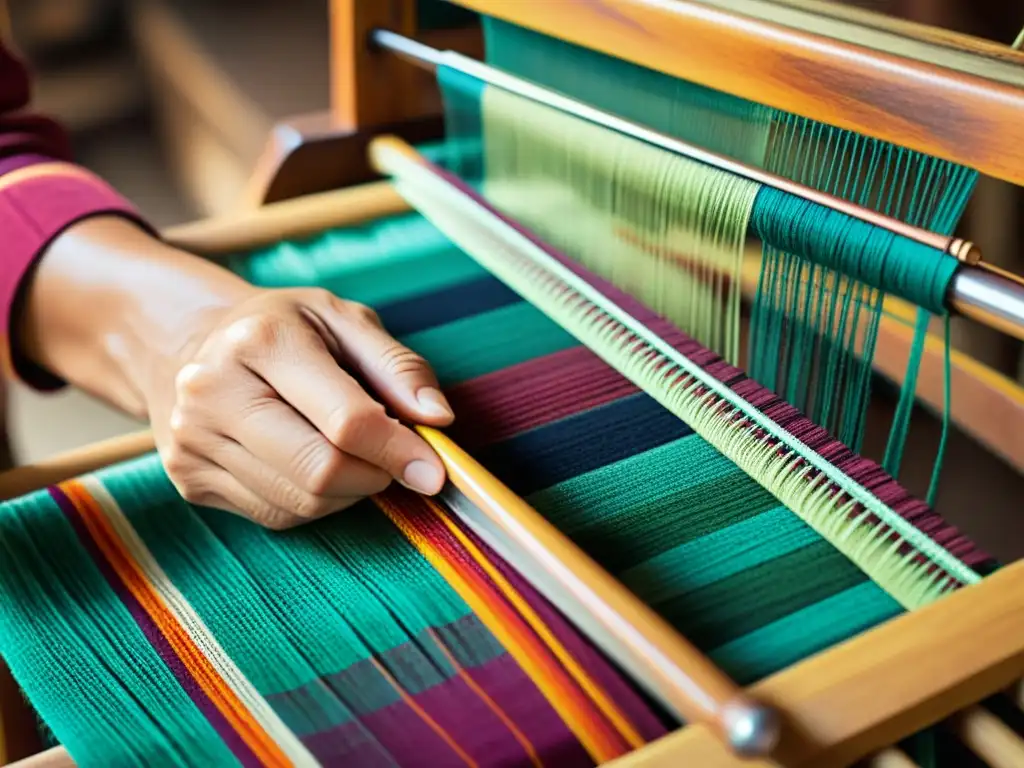 Las experimentadas manos del artesano entrelazan textiles en un telar de madera, mostrando la artesanía tradicional con un tono cálido y nostálgico