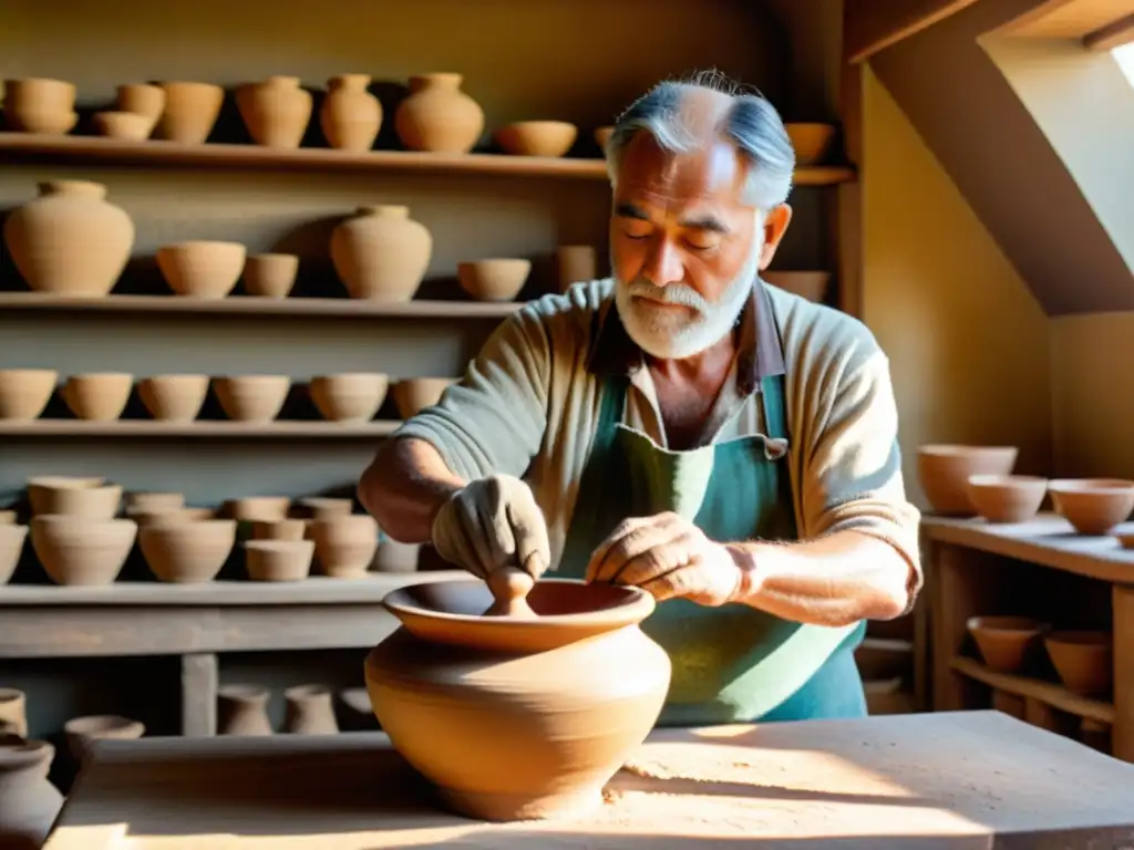 El experimentado alfarero moldea con destreza una vasija de barro en un taller tradicional, bañado por la cálida luz del sol