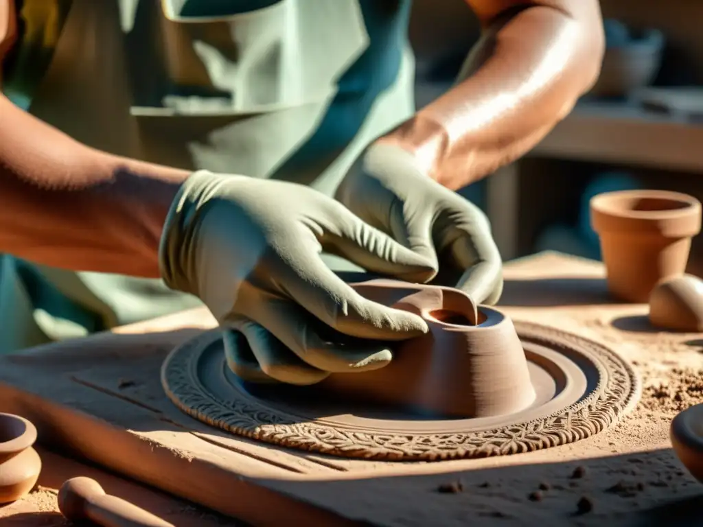 Un experimentado artesano da forma a una escultura de arcilla con herramientas tradicionales, en un taller lleno de historia y tradición