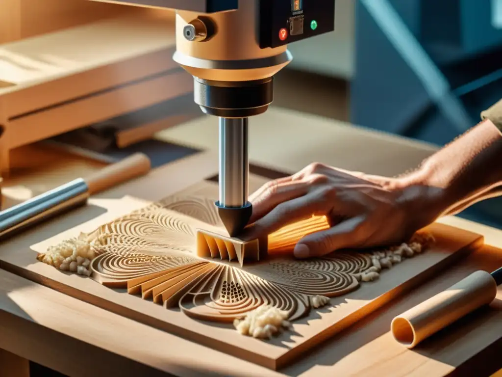 Experimentado artesano tallando madera en un taller cálido, mientras una impresora 3D moderna crea un diseño contemporáneo