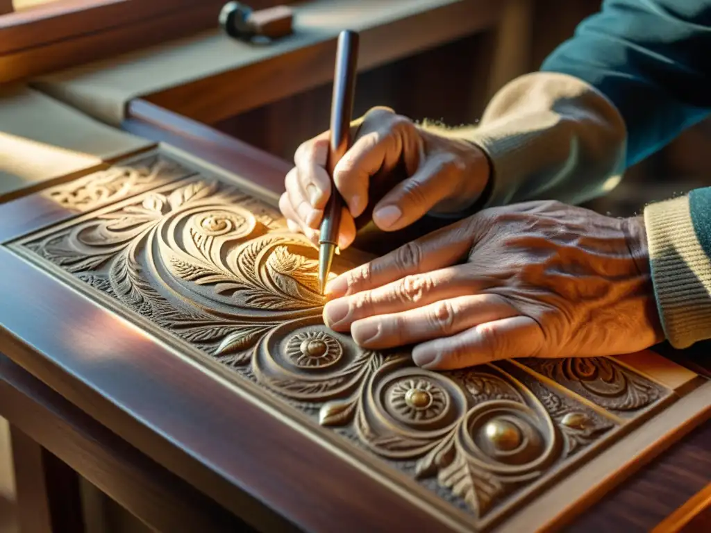 Un experimentado artesano talla con dedicación en madera de caoba, iluminado por una cálida luz dorada