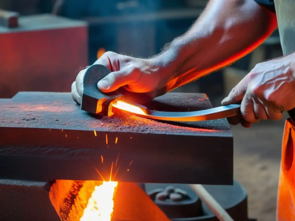 El experimentado herrero sostiene con destreza el metal incandescente en su taller tradicional