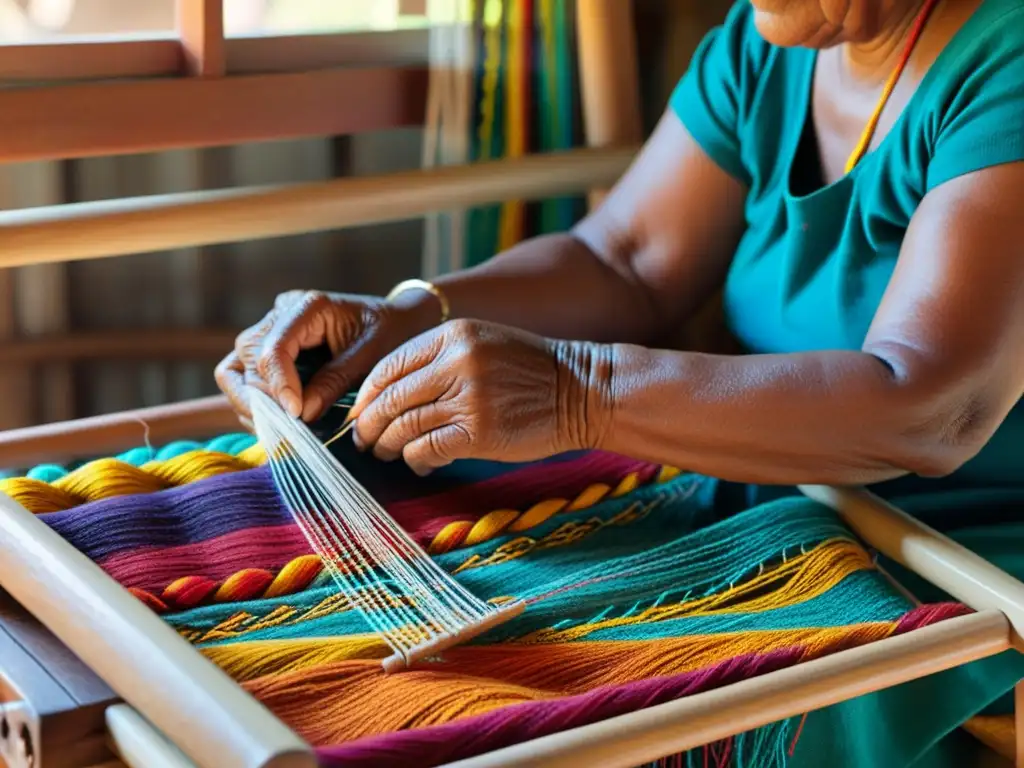 Las expertas manos de una mujer indígena tejen con destreza hilos de colores en un telar, irradiando tradición y resistencia