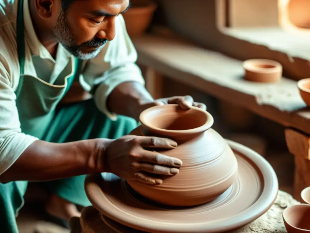 Un experto alfarero moldea a mano una pieza de cerámica tradicional, resaltando los tonos terrosos de la arcilla y las manos curtidas del artesano