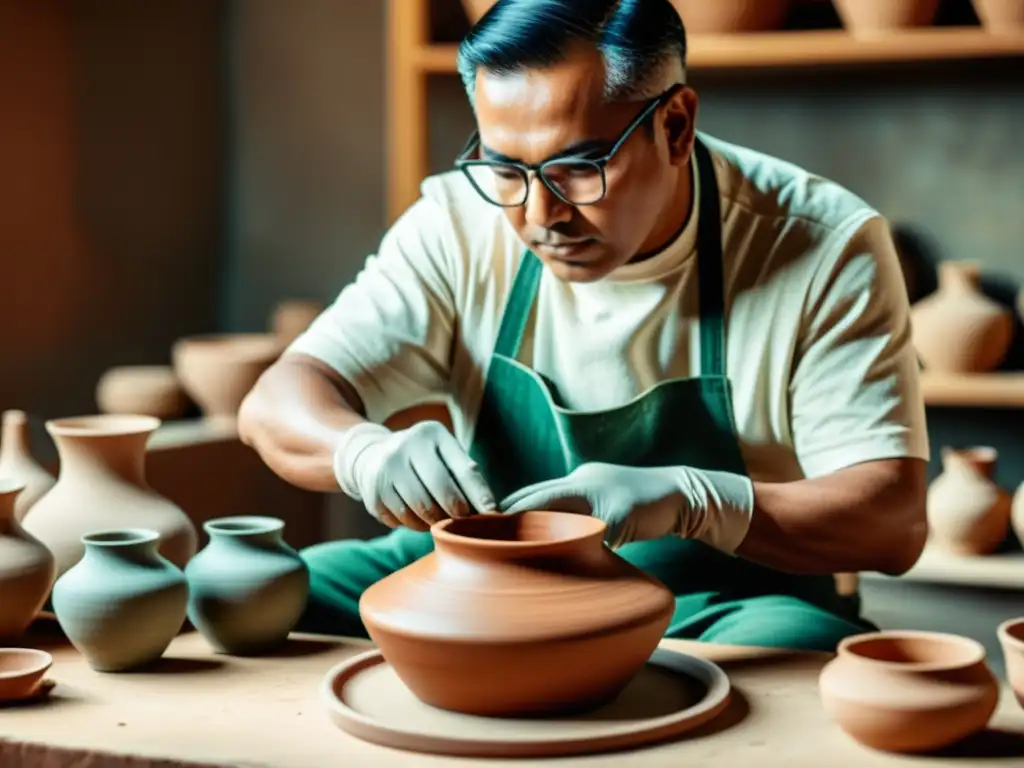 Un experto alfarero moldea con maestría una pieza de cerámica tradicional, rodeado de herramientas digitales y materiales inteligentes