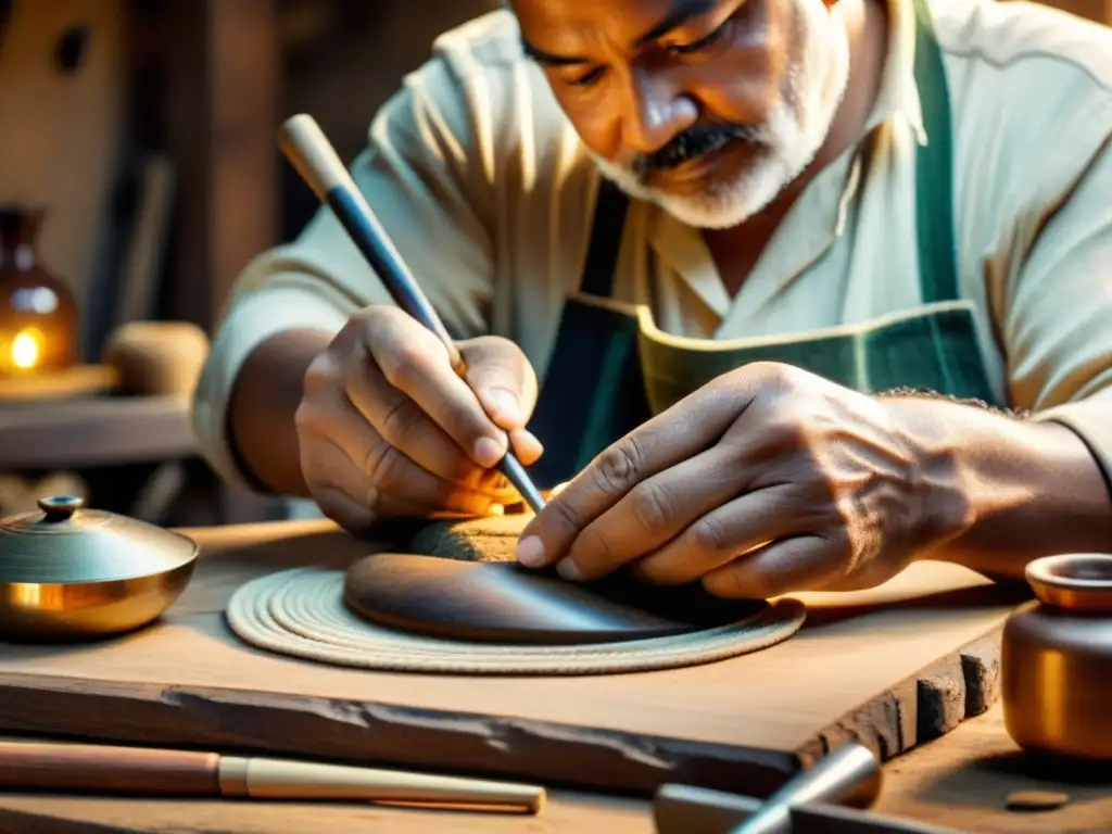 Un experto artesano crea artefactos a mano rodeado de herramientas y materiales, con una iluminación cálida que resalta los detalles