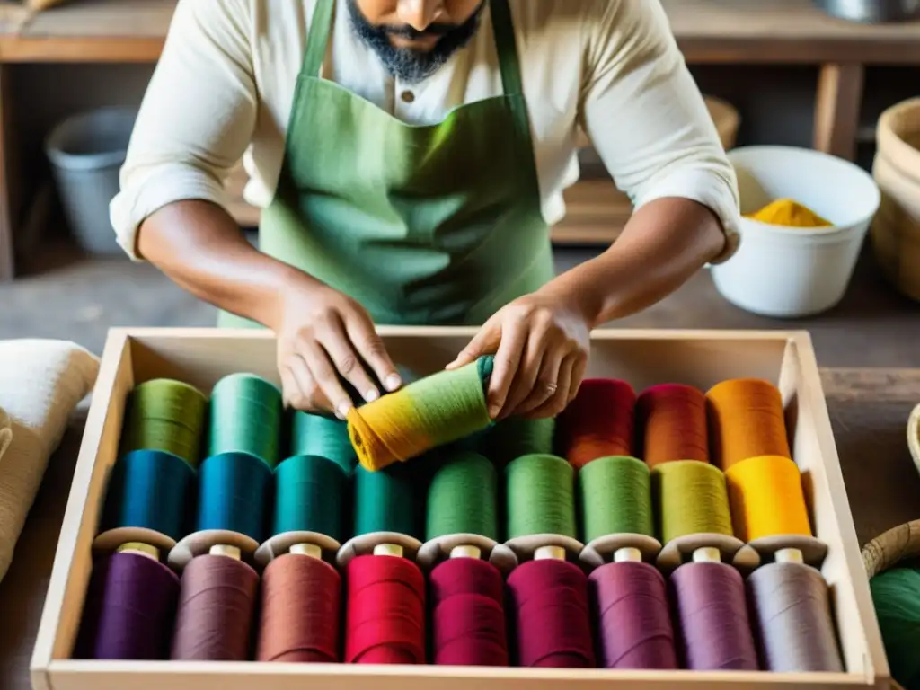 Un experto artesano tiñe cuidadosamente tela con colorantes naturales, creando tonos vibrantes en una fotografía vintage de alta resolución