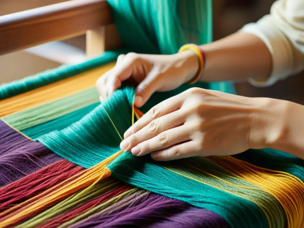 Un experto artesano teje con destreza hilos coloridos, capturando la textura de productos de fibra artesanales