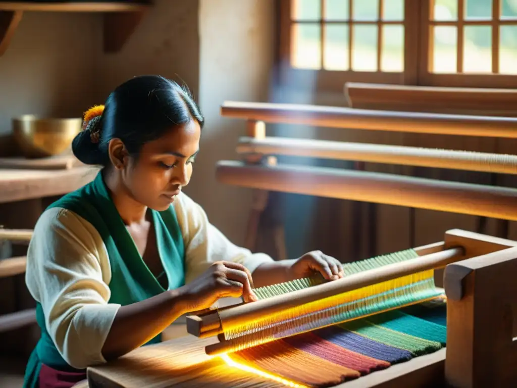 Un experto artesano teje con destreza en un telar tradicional, creando una colorida obra textil bajo la cálida luz del sol