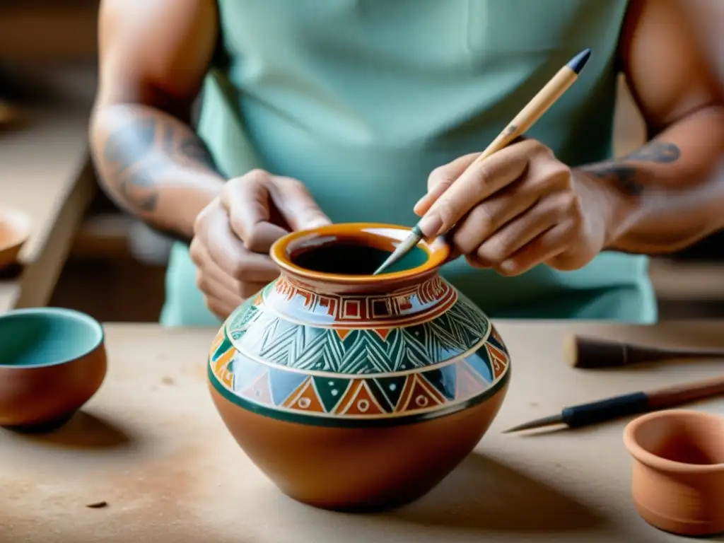 Un experto artesano aplica esmaltes inteligentes en un jarrón de cerámica tradicional, fusionando la artesanía antigua con la química moderna