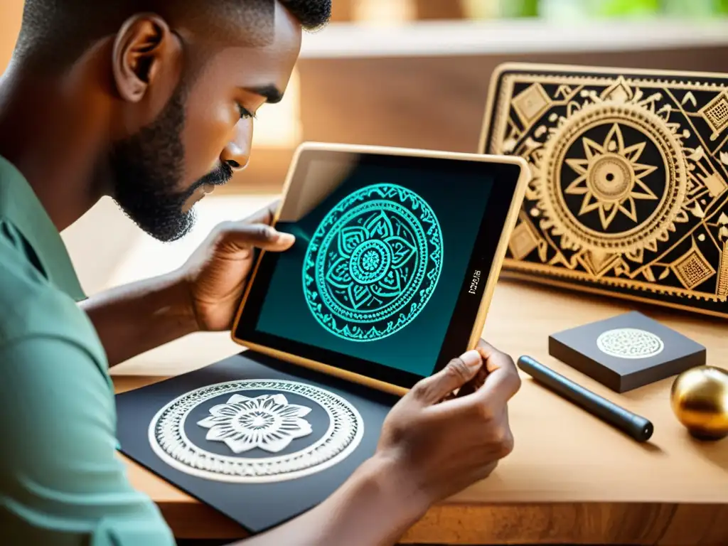 Un experto artesano trabaja con herramientas tradicionales, junto a un tablet digital mostrando innovadores diseños, fusionando la artesanía tradicional con la era digital