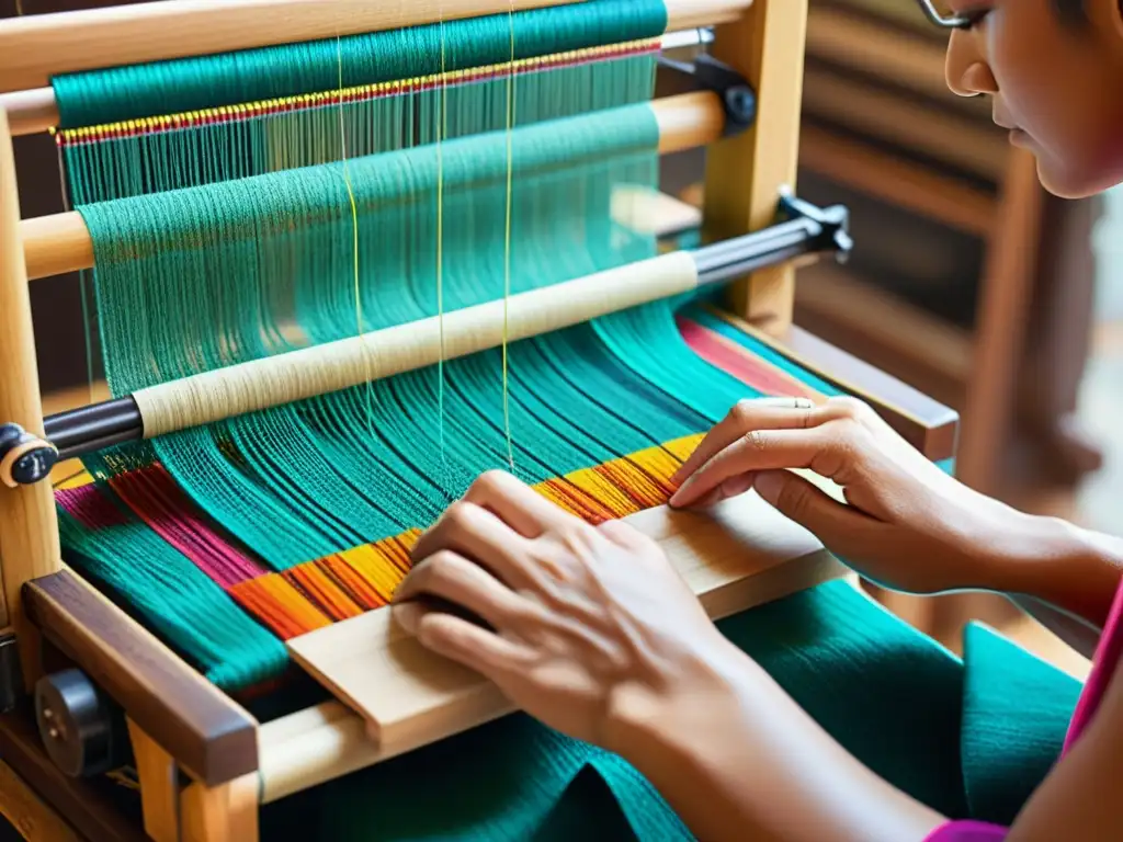 Un experto artesano entrelaza hilos en telar antiguo, fusionando lo tradicional con lo digital