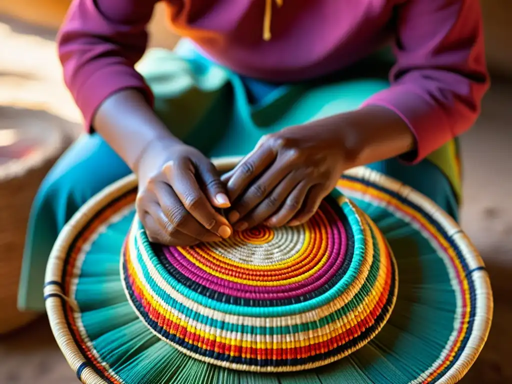 Un experto artesano indígena teje con destreza fibras multicolores en una cesta tradicional en un ambiente auténtico de cestería indígena