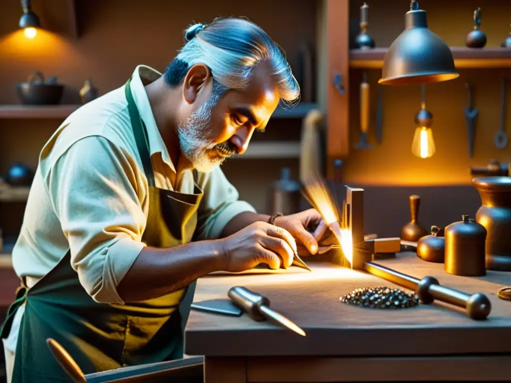 Un experto artesano crea joyería con herramientas tradicionales en un taller iluminado cálidamente