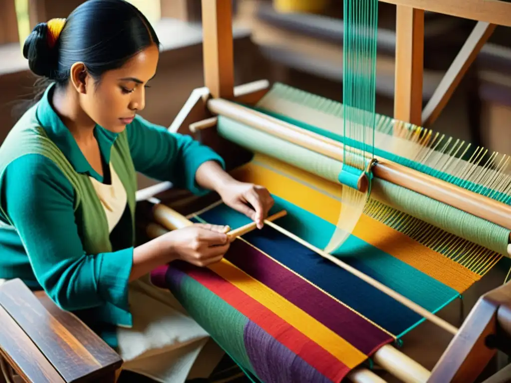 Un experto artesano teje a mano un tejido tradicional en un telar de madera, con impresionantes patrones y colores vibrantes