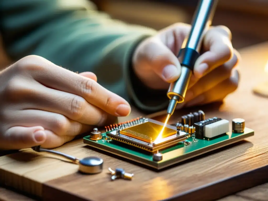 Un experto artesano soldando un microcontrolador sobre un producto artesanal de madera