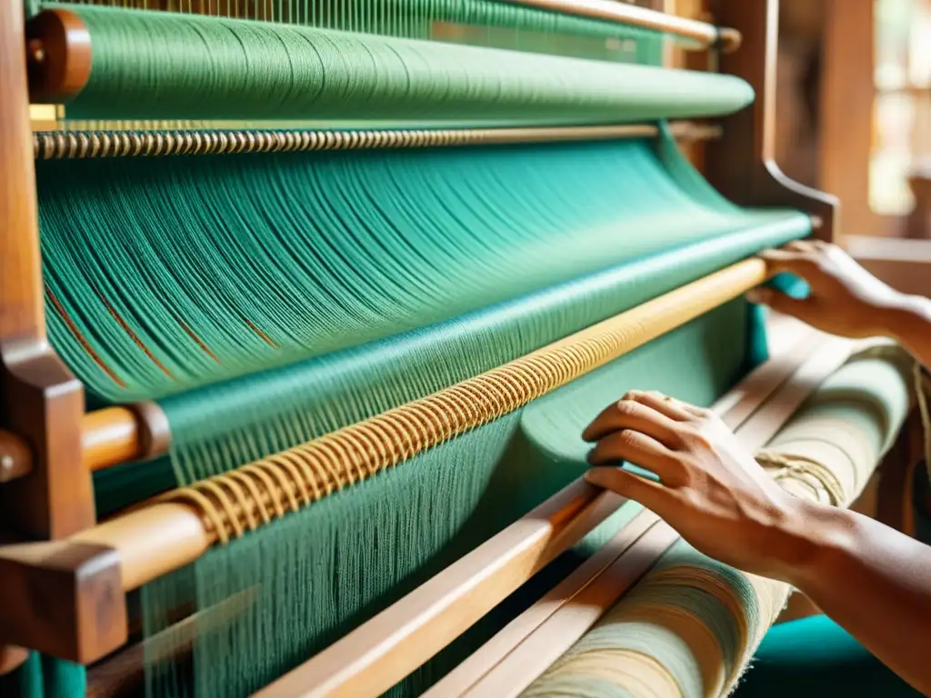 Un experto artesano teje un patrón intrincado en un telar de madera rodeado de hilos y telas coloridas en un taller rústico iluminado por el sol