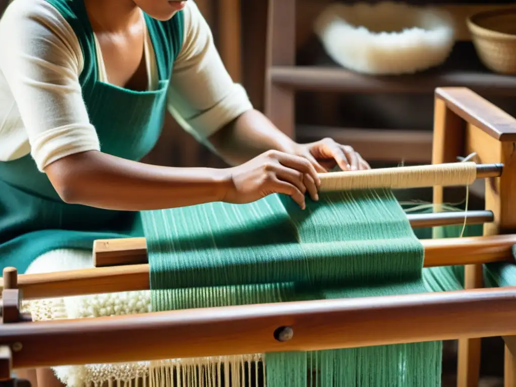 Un experto artesano teje patrones textiles tradicionales en un telar de madera, rodeado de materiales naturales