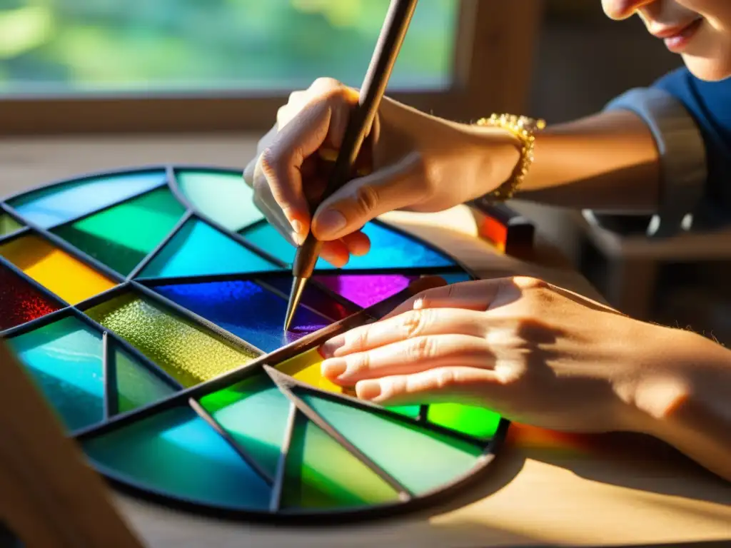 Un experto artesano ensambla piezas de vidrio para un vitral, bañado por la luz del sol