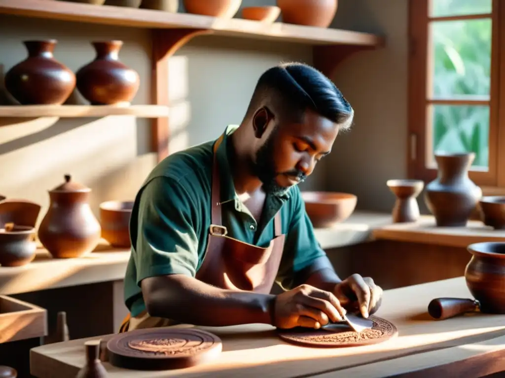 Experto artesano talla diseños en madera de caoba, evocando la artesanía tradicional en la era digital