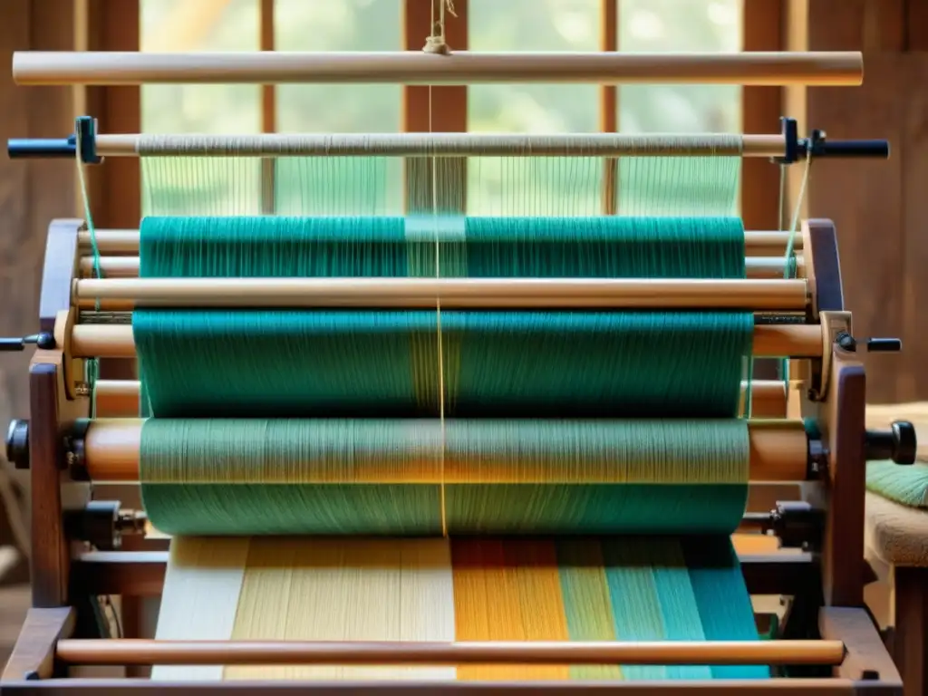 Un experto artesano teje en un telar de madera vintage, rodeado de hilos de colores