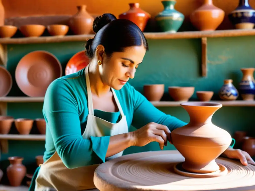 Un experto artesano moldea una vasija de arcilla en un taller español tradicional, rodeado de textiles vibrantes y cerámica artesanal