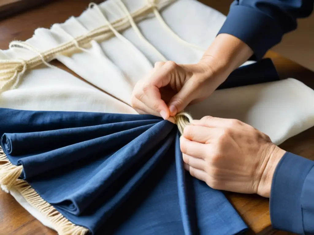 Un experto en técnicas antiguas de teñido en cursos ata con cuidado un manojo de tela con cuerda natural para el arte ancestral del shibori