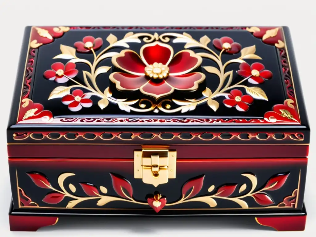 Exquisita caja de joyería lacada con motivos florales en rojo intenso y negro