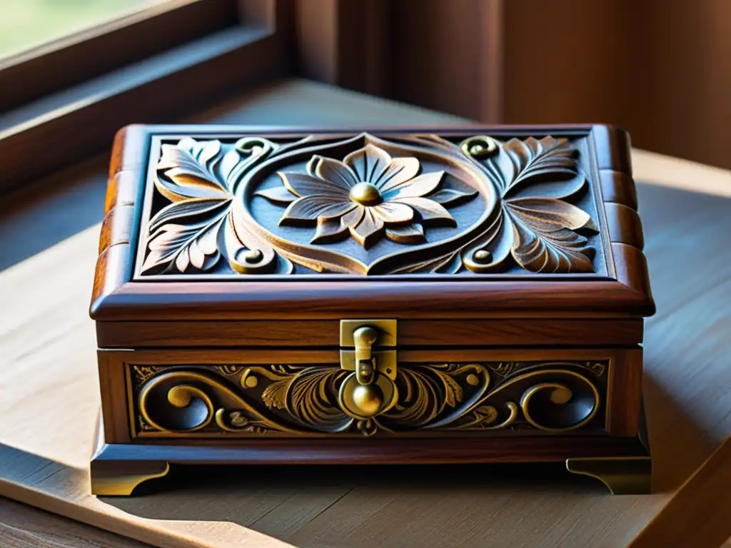 Una exquisita caja de joyería tallada en madera, con motivos florales y bisagras de latón, reposa en una mesa vintage