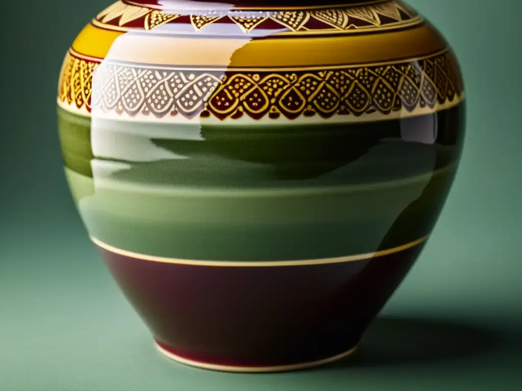 Vaso de cerámica artesanal con patrón floral en tonos cálidos Fotografía de un exquisito jarrón de cerámica artesanal con paleta de colores vintage, reflejando calidez y artesanía detallada