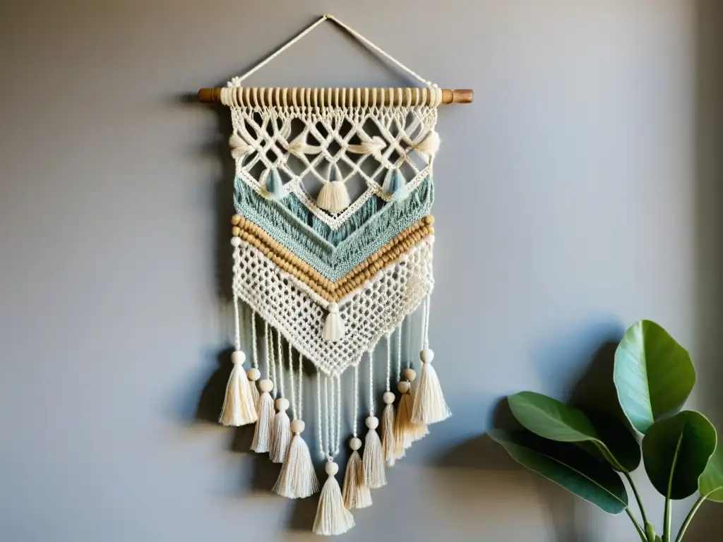 Un exquisito tapiz de macramé con diseño geométrico, en tonos tierra y pasteles, suspendido en una pared blanqueada, evocando artesanía atemporal