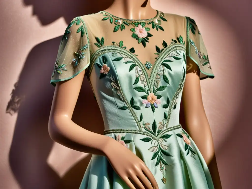 Un exquisito vestido vintage exhibe un bordado artesanal de flores en hilos brillantes, evocando una belleza atemporal