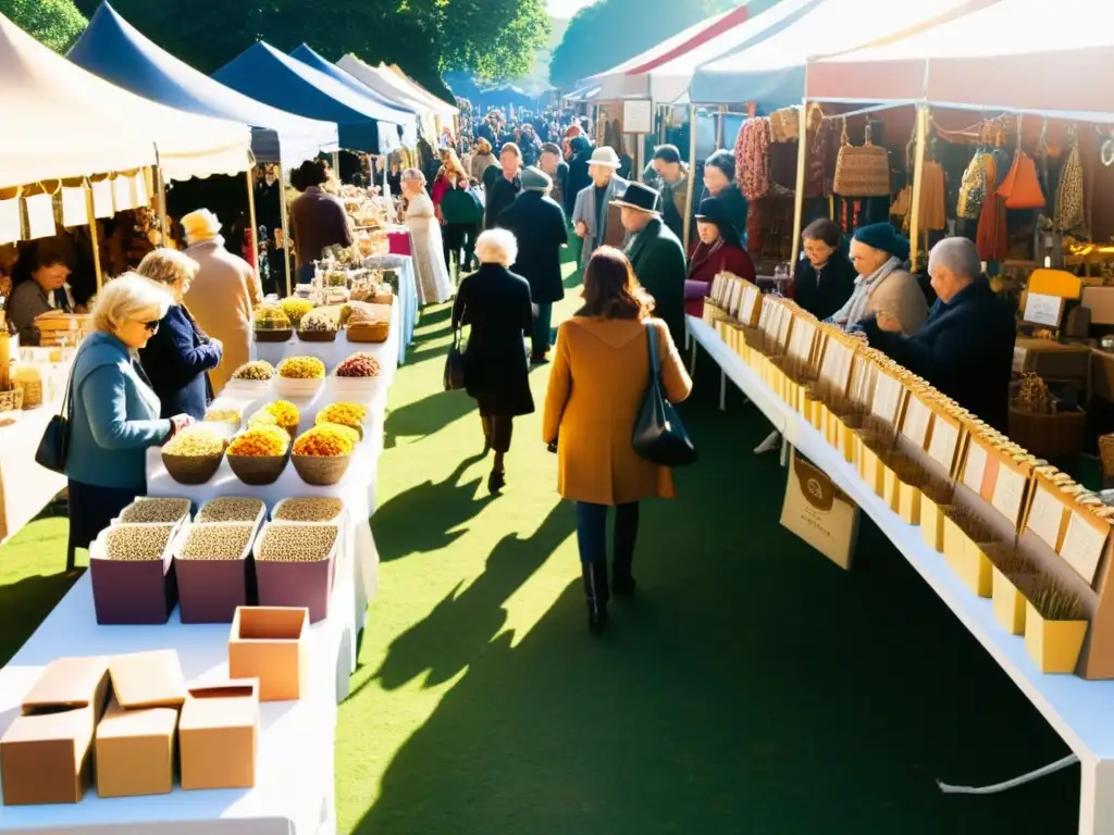 Una feria de artesanías concurrida y llena de encanto vintage, promoción artesanías en redes sociales nicho, reflejando calidez y autenticidad