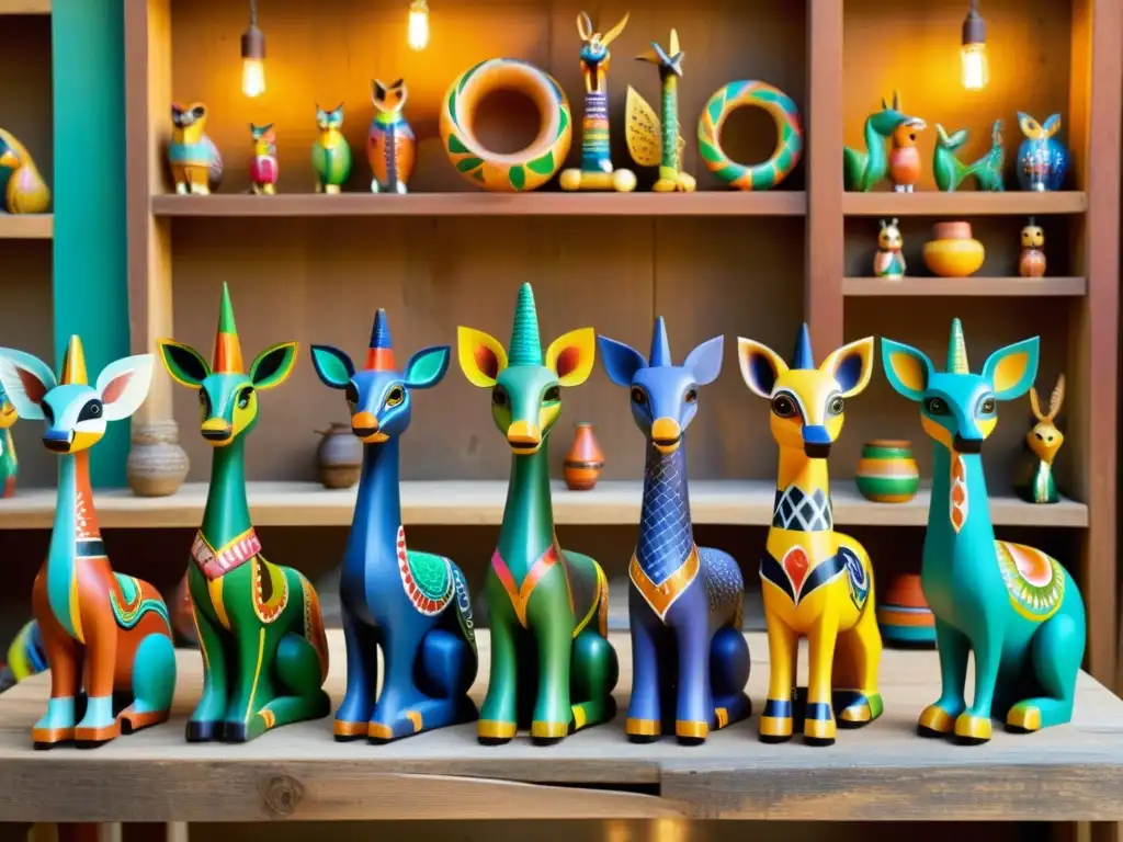 Una fila de coloridos alebrijes mexicanos en un taller rústico