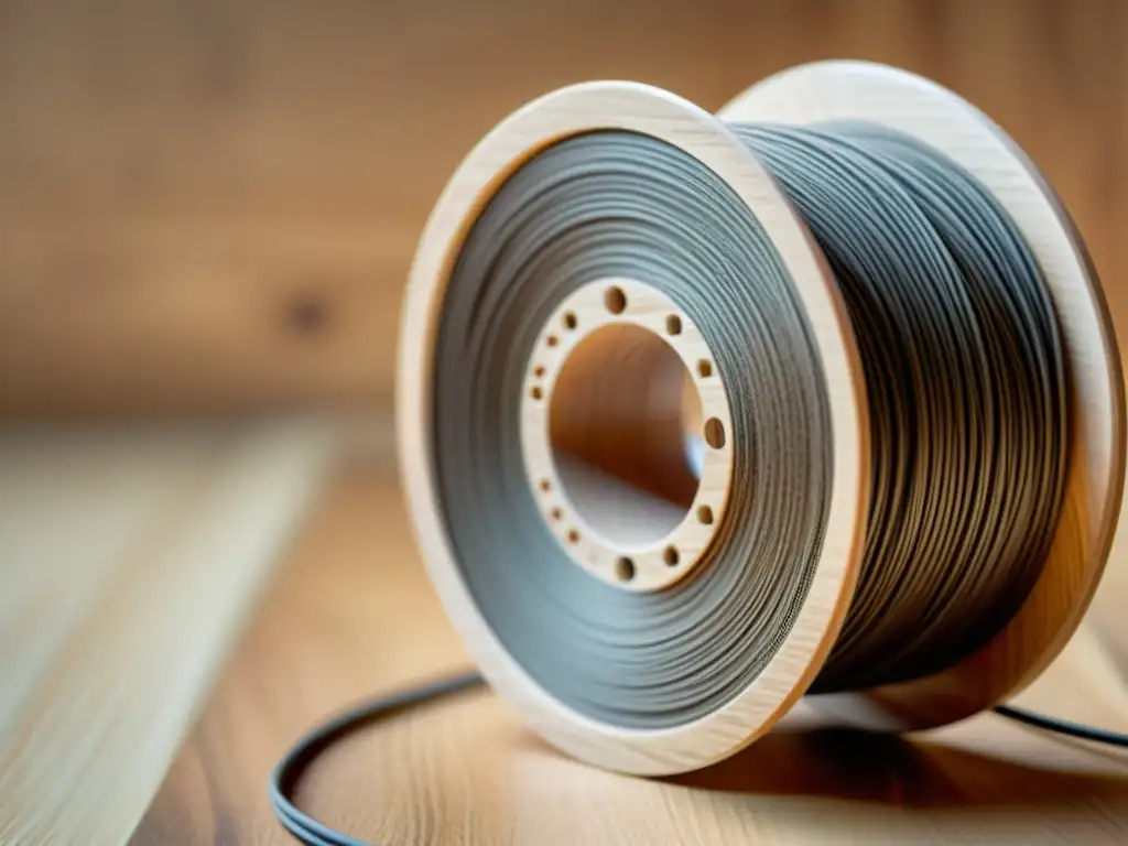 Filamento vegetal para impresión 3D desenrollado en carrete de madera, evocando artesanía y sostenibilidad