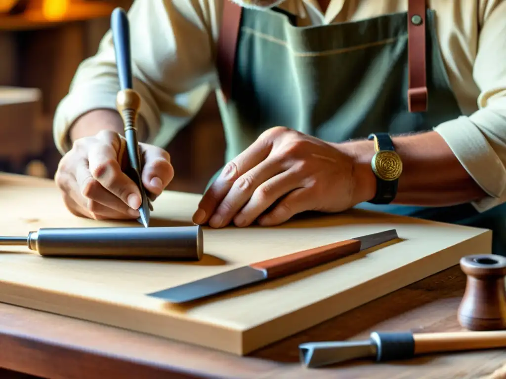 Foto vintage de un artesano trabajando en un producto artesanal, con detalles intrincados y una cálida iluminación que resalta la atmósfera nostálgica