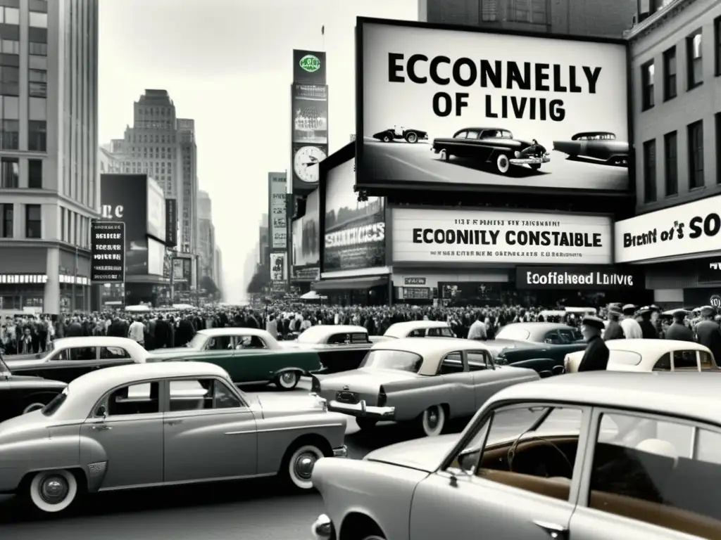 Foto vintage de una bulliciosa calle urbana, con autos antiguos y gente, y un anuncio destacado sobre prácticas ecológicas