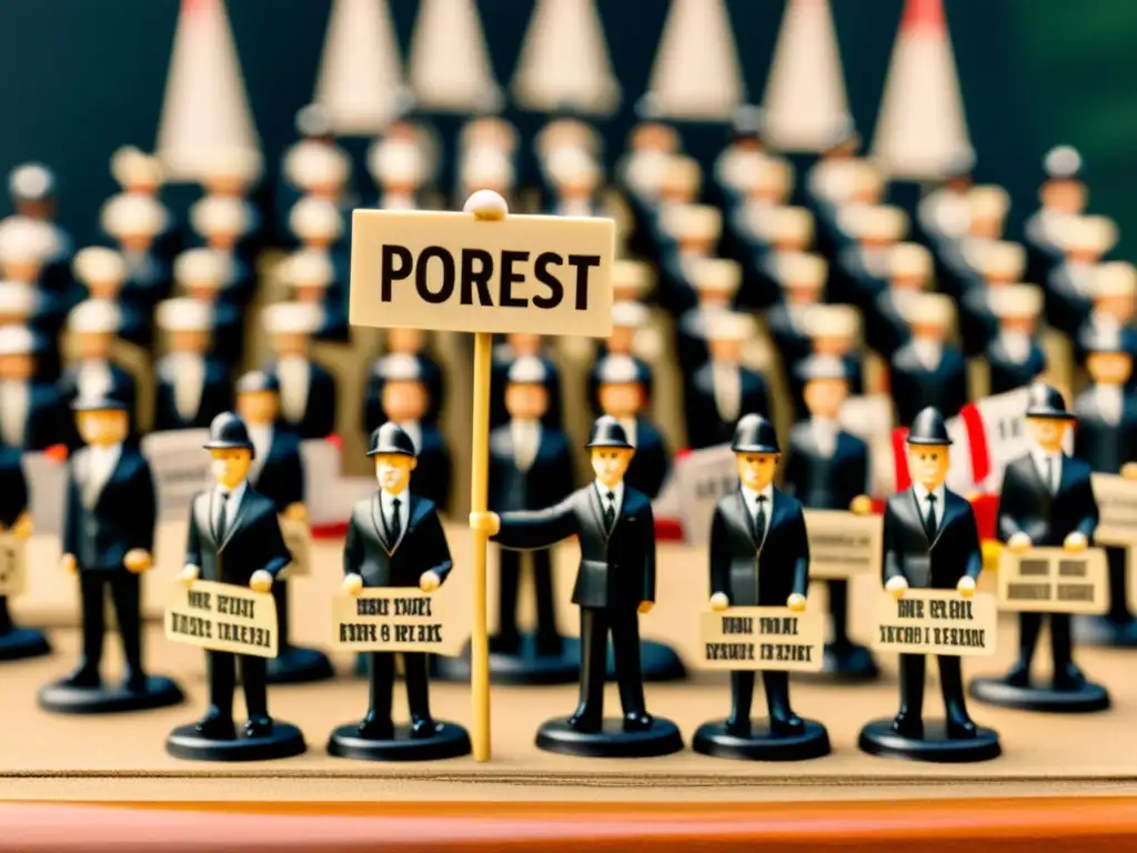 Foto vintage de miniaturas artesanales en escena de protesta política, con detalles exquisitos y expresiones apasionadas