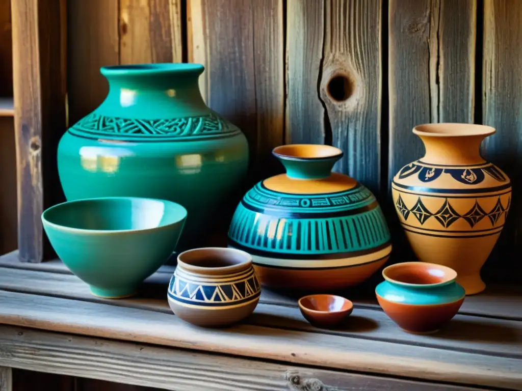 Una foto vintage de alta resolución muestra antiguas cerámicas en una mesa de madera envejecida