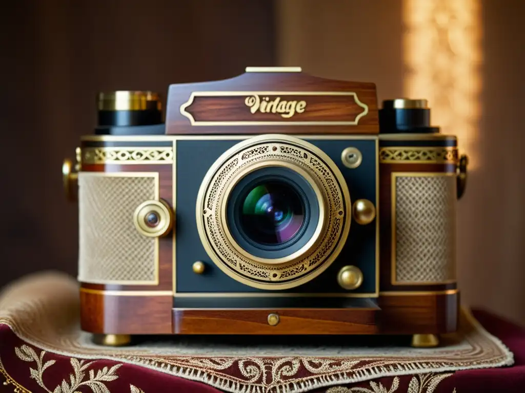 Una fotografía de productos artesanales en 3D muestra una cámara vintage de madera con detalles intrincados y un elegante patinado