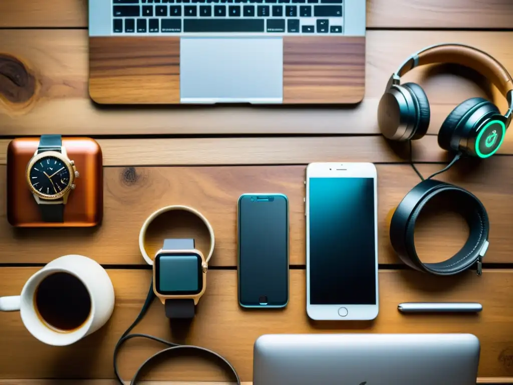 Una fotografía de productos artesanales digitales sobre una mesa de madera, fusionando lo rústico con lo moderno en una atmósfera cálida y elegante